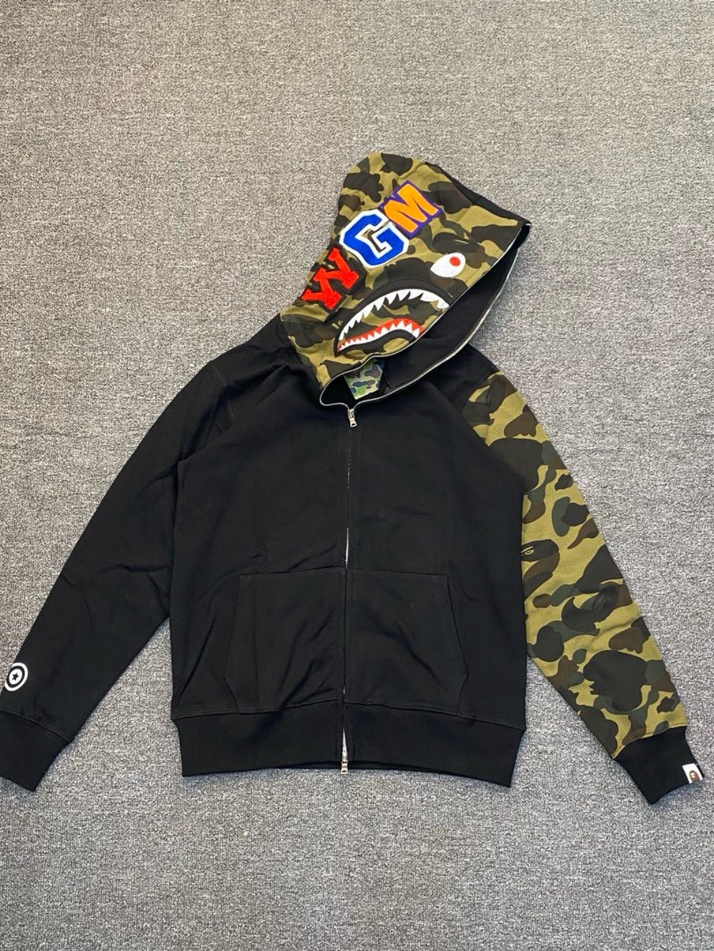Bape Black Hoodie with Olive Camo Shark-Print Hood